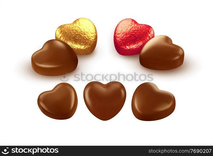 Set of realistic heart shaped chocolates wrapped in foil candy wrapper. Festive design element for Happy Valentines Day. Vector illustration EPS10. Set of realistic heart shaped chocolates wrapped in foil candy wrapper. Festive design element for Happy Valentines Day. Vector illustration