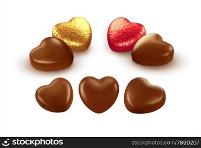 Set of realistic heart shaped chocolates wrapped in foil candy wrapper. Festive design element for Happy Valentines Day. Vector illustration EPS10. Set of realistic heart shaped chocolates wrapped in foil candy wrapper. Festive design element for Happy Valentines Day. Vector illustration