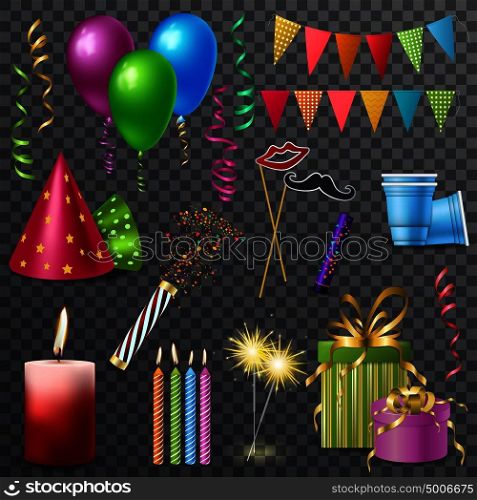 Set of realistic holiday elements with party hats, burning candles, balloons isolated on transparent background vector illustration. Realistic Holiday Elements Transparent Background