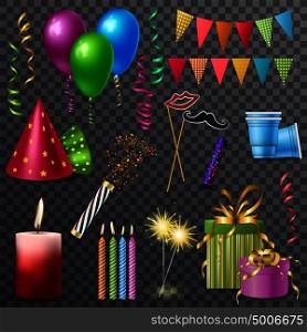 Set of realistic holiday elements with party hats, burning candles, balloons isolated on transparent background vector illustration. Realistic Holiday Elements Transparent Background