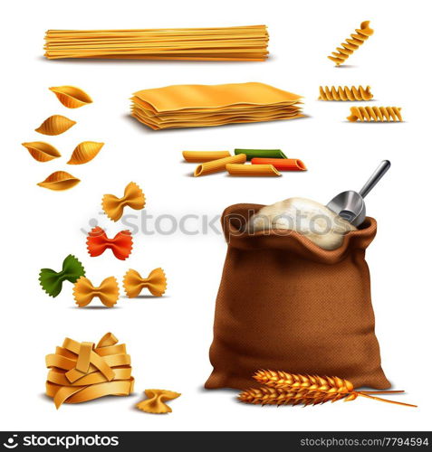 Set of realistic icons with pasta, wheat spikelets, sack of flour with metal scoop isolated vector illustration. Realistic Pasta Wheat Spikelets Flour