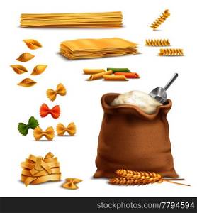 Set of realistic icons with pasta, wheat spikelets, sack of flour with metal scoop isolated vector illustration. Realistic Pasta Wheat Spikelets Flour