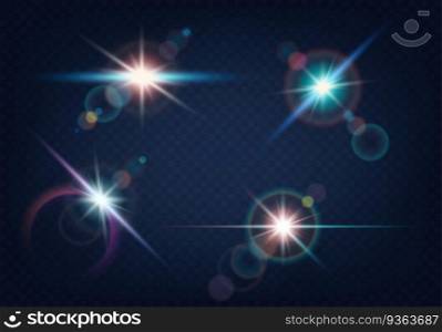 Set of realistic light glare, highlight with blurred bokeh effect on blue background. Collection of beautiful bright lens flares. Realistic lighting effects of flash. Vector illustration. Set of realistic light glare, highlight with blurred bokeh effect on blue background
