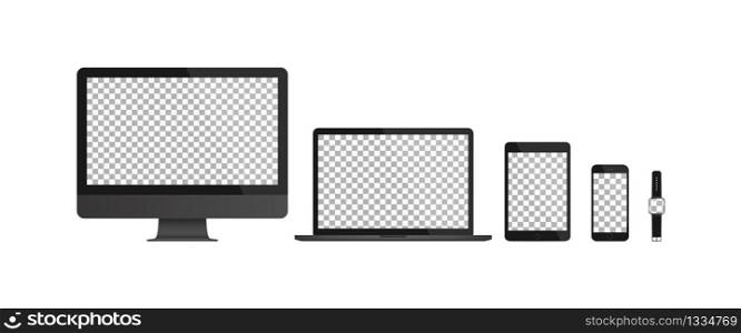 Set of realistic monitors computer, laptop, tablet, smartphone, smartwatch. Screen mockup. Vector EPS 10