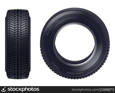 Set of realistic new car tires front and profile view isolated over white background vector illustration  . Realistic Car Tires Set