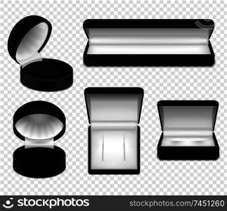 Set of realistic open empty black jewelry boxes on transparent background isolated vector illustration