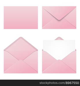 Set of realistic pink envelopes mockup. Realistic pink envelopes in different positions. Folded and unfolded envelope mockup. Vector illustration