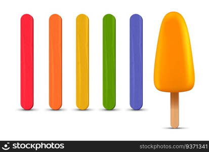 Set of realistic popsicle sticks. Banana ice cream 3D. Vector illustration, summer season. Vector illustration, summer season. Vector, summer season. Set of realistic popsicle sticks. Banana ice cream 3D. Vector illustration, summer season.