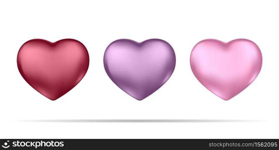 Set of realistic red and pink 3d hearts isolated on white background.