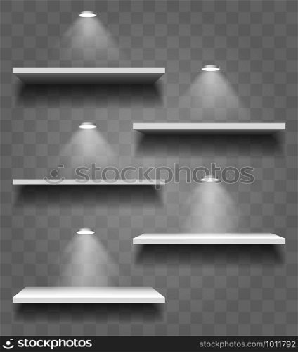 Set of Realistic Shelves with Shadows and Spot Lights. Shelves isolated on transparent background. Vector Illustration.