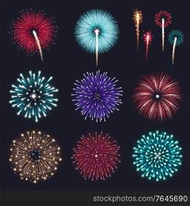 Set of realistic sparkling colored fireworks isolated on black background vector illustration