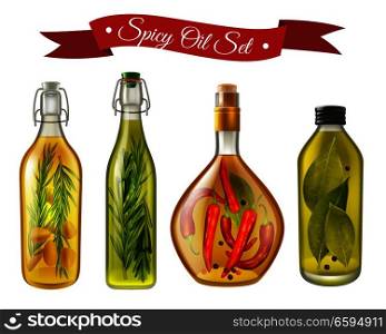 Set of realistic spicy oils with nuts and condiments in bottles of various shape isolated vector illustration  . Spicy Oils Realistic Set