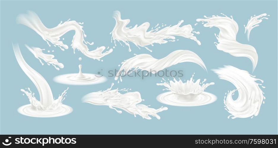 Set of realistic splashes of milk isolated on a blue background. White fluid. Vector illustration EPS10. Set of realistic splashes of milk isolated on a blue background. White fluid. Vector illustration