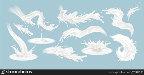 Set of realistic splashes of milk isolated on a blue background. White fluid. Vector illustration EPS10. Set of realistic splashes of milk isolated on a blue background. White fluid. Vector illustration
