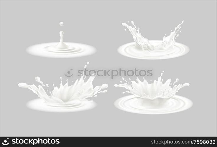 Set of realistic splashes of milk isolated on a gray background. 3d Realistic white liquid crown. Vector illustration EPS10. Set of realistic splashes of milk isolated on a gray background. 3d Realistic white liquid crown. Vector illustration