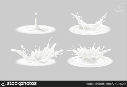 Set of realistic splashes of milk isolated on a gray background. 3d Realistic white liquid crown. Vector illustration EPS10. Set of realistic splashes of milk isolated on a gray background. 3d Realistic white liquid crown. Vector illustration