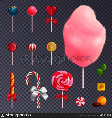 Set of realistic sweets including fruit lollipops, cotton candy, caramels on isolated on transparent background vector illustration . Realistic Sweets Transparent Background Set