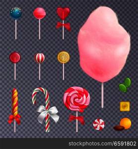 Set of realistic sweets including fruit lollipops, cotton candy, caramels on isolated on transparent background vector illustration . Realistic Sweets Transparent Background Set