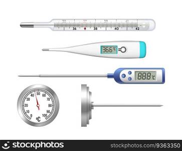 Set of realistic thermometers: mercury classic, electronic, thermometer for baby body temperature measurement on white background. 3d medical equipment. Vector illustration. Set of thermometers: mercury classic, electronic, thermometer for baby body temperature measurement