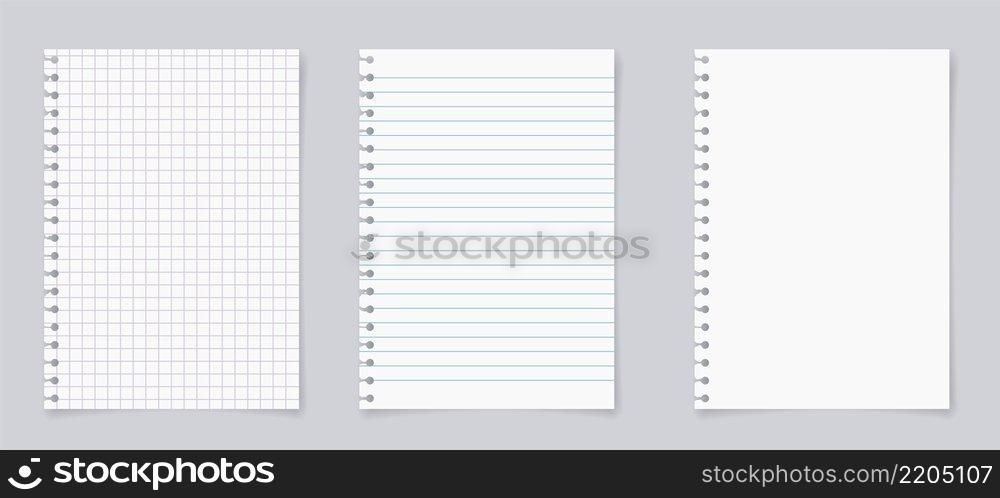 Set of realistic torn sheet of paper from a workbook with shadow, isolated on a gray background. paper sheets with lines and squares for memo. vector illustration.. Set of realistic torn sheet of paper