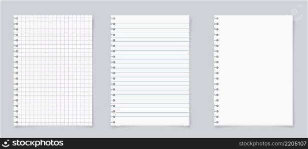 Set of realistic torn sheet of paper from a workbook with shadow, isolated on a gray background. paper sheets with lines and squares for memo. vector illustration.. Set of realistic torn sheet of paper