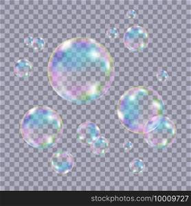 Set of realistic transparent colorful soap  bubbles with rainbow reflection isolated on checkered background. Vector texture.