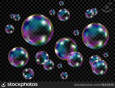 Set of realistic transparent colorful soap bubbles with rainbow reflection isolated on checkered background. Vector texture.
