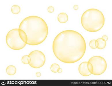 Set of realistic transparent  glossy gold  bubbles   isolated on white  background. Golden sphere. Vector  texture.