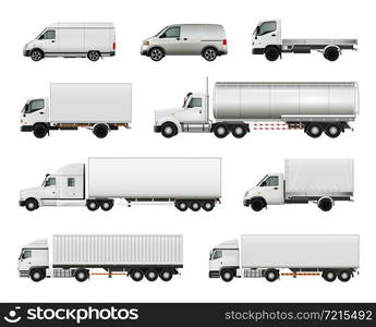 Set of realistic white cargo vehicles including heavy trucks with various trailers, lorries, vans isolated vector illustration . Realistic Cargo Vehicles Set