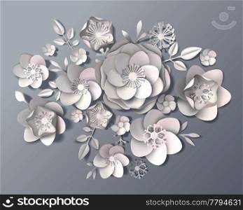 Set of realistic white paper flowers of various kinds with leaves on grey background 3d vector illustration . Realistic White Paper Flowers Set