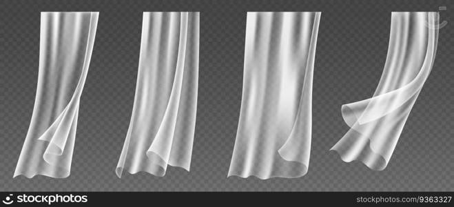 Set of realistic window curtains blowing on wind, fluttering white cloths of transparent textile, soft lightweight clear material. 3d vector illustration. Set of realistic window curtains blowing on wind, fluttering white cloths of transparent textile