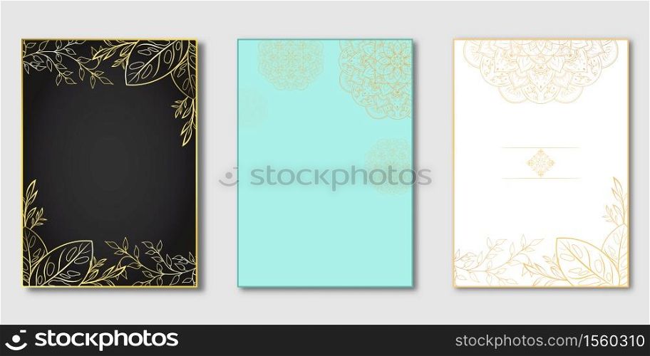 Set of Rectangle golden frame and blue sky with mandala floral flower, White blue black background, Pattern of mandala template set, Use for page cover Brochure your design, Vector illustration