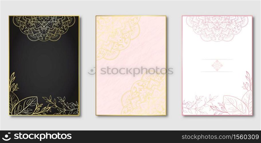 Set of Rectangle golden frame and pink with mandala floral flower, White pink black background, Pattern of mandala template set, Use for page cover Brochure your design, Vector illustration
