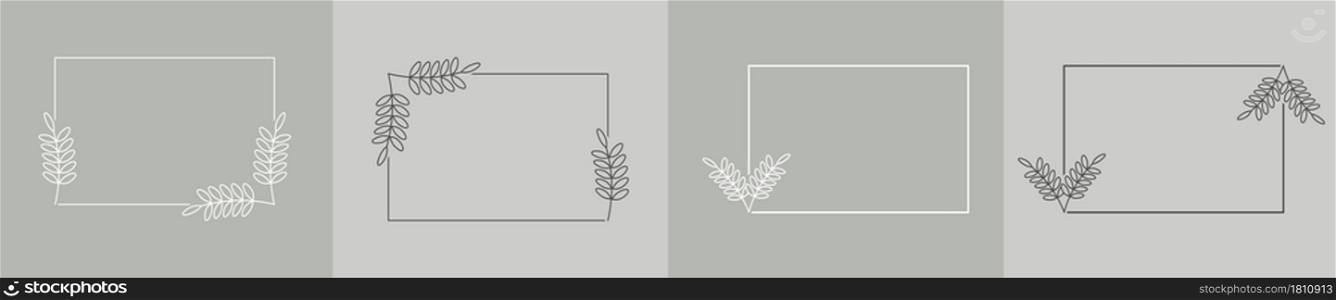 Set of rectangular frames framed by plants for posters, cards, invitations and creative designs. Flat style