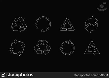set of recycle vector icons. white recycle icons on black background