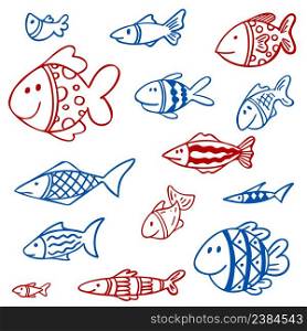 Set of red and blue fishes in doodle ink style. Set of red and blue fishes in doodle ink style. Hand drawn illustration