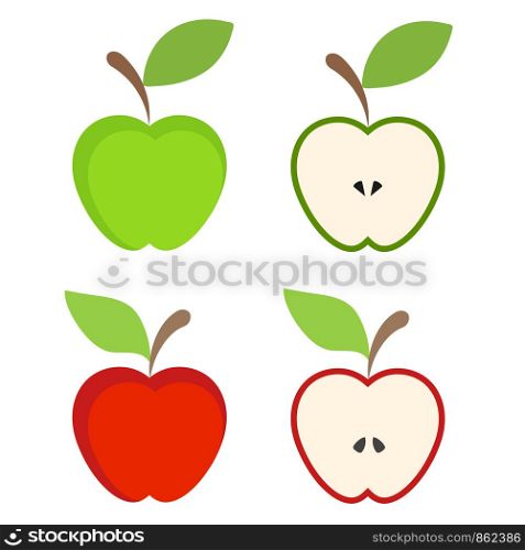 Set of red and green apple fruit icon on white, stock vector illustration