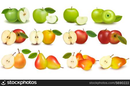 Set of red and green apple fruits with cut and green leaves. Vector illustration.