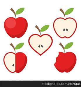 Set of red apple fruit with green leaf icon on white, stock vector illustration
