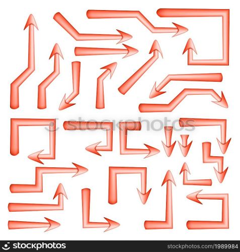 Set of red arrows pointers with sharp straight angular turns isolated on white. Direction pointer. Vector illustration.. Set of red arrows pointers with sharp straight angular turns isolated on white. Direction pointer.