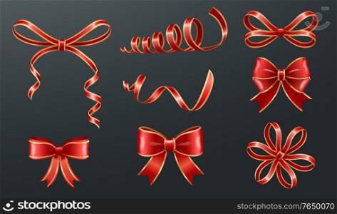 Set of red bows made from ribbons isolated on black background. Sample of knots for decoration gift boxes for holiday. Wrapping packages for party celebration. Vector illustration in flat style. Festive Red Bows and Ribbons, Decor for Boxes