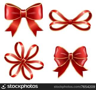 Set of red bows made from ribbons isolated on white background. Sample of knots for decoration gift boxes for holiday. Wrapping packages for party celebration. Vector gift bow illustration. Festive Red Bows and Ribbons, Decor for Boxes