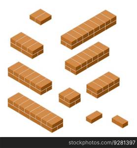 Set of red brick fence in isometric view. Material for renovation of house and curb of road. Construction of buildings. Low barrier and fence. Set of red brick fence in isometric view.