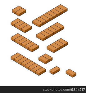 Set of red brick fence in isometric view. Material for renovation of house and curb of road. Construction of buildings. Low barrier and fence. Set of red brick fence in isometric view.