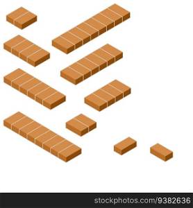Set of red brick fence in isometric view. Material for renovation of house and curb of road. Construction of buildings. Low barrier and fence. Set of red brick fence in isometric view