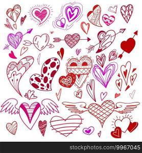Set of red doodle love hearts with strokes and decoration. Hearts shape with wings and arrows. Valentine s day holiday. Vector scribble elements for cards, stickers, banners and your creativity. Set of red doodle love hearts with strokes and decoration. Hearts shape with wings and arrows. Valentine s day holiday. Vector scribble elements