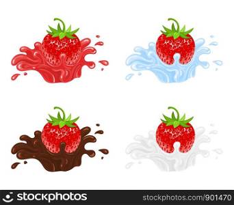Set of red fresh realistic strawberry with juice, water, chocolate and milk splashes isolated on white background. Sweet food. Organic fruit. Vector illustration for any design.