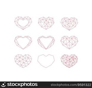 Set of red geometric hearts. Vector low poly abstract hert shapes. Set of red geometric hearts