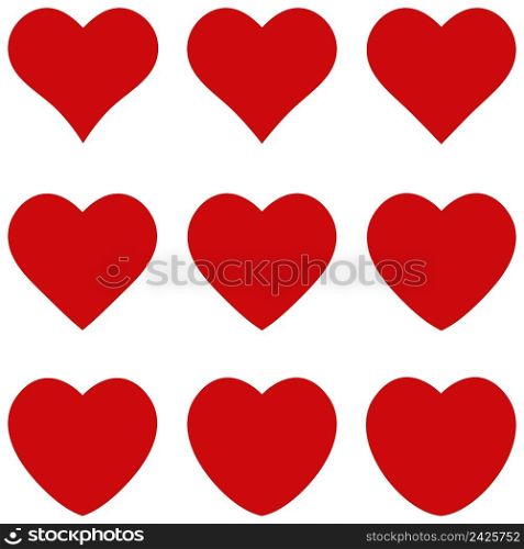Set of red hearts elegant geometric shape, vector icon sign favorite heart symbol of love, for lovers on Valentines day