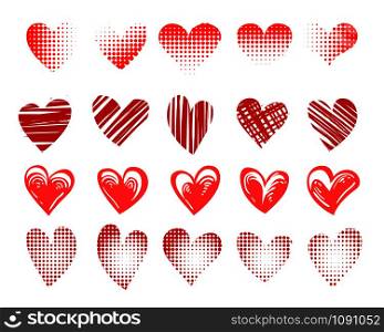 Set of Red hearts emblem Drawn in different styles isolated on white. vector illustration.